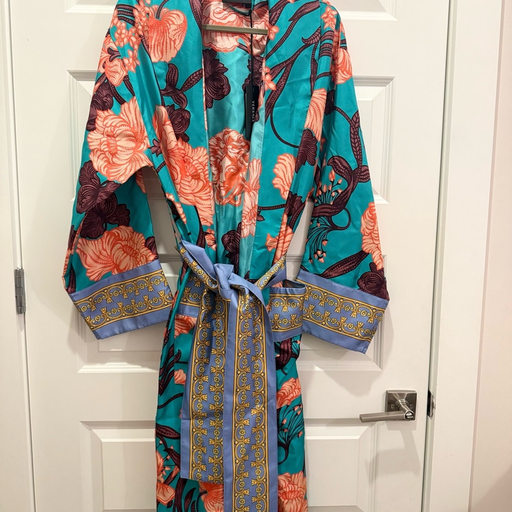 Versace Art Deco Turquoise Silk Robe
